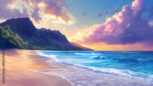 Hawaii waimanalo. tropical coastline with blue waters and colourful sky at waimanalo beach. Windshard. Illustration photo