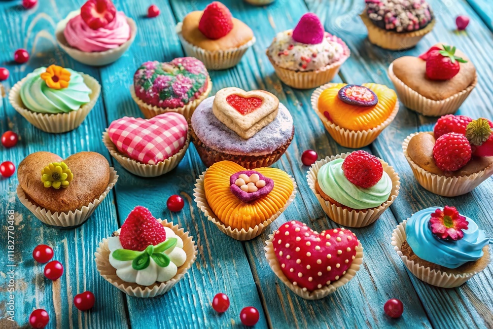 Delicious Cakes & Fabric Hearts on Blue Wood: Sweet Valentine's Day Stock Photo Delicious Cakes & Fabric Hearts on Blue Wood: Sweet Valentine's Day Stock Photo