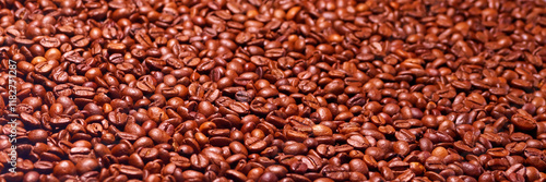 A detailed image showcasing a layer of rich brown roasted coffee beans, highlighting their texture and freshness, ideal for coffee lovers and artistic projects. photo