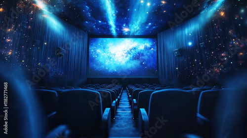 Empty Movie Theater with Cosmic Nebula on Screen