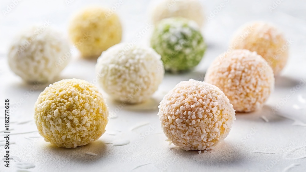 Delicious Coconut Dessert Balls, Flat Lay, Isolated White Background - Stock Photo