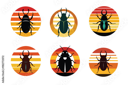 Beetles silhouette on retro stipe for T-Shirt.