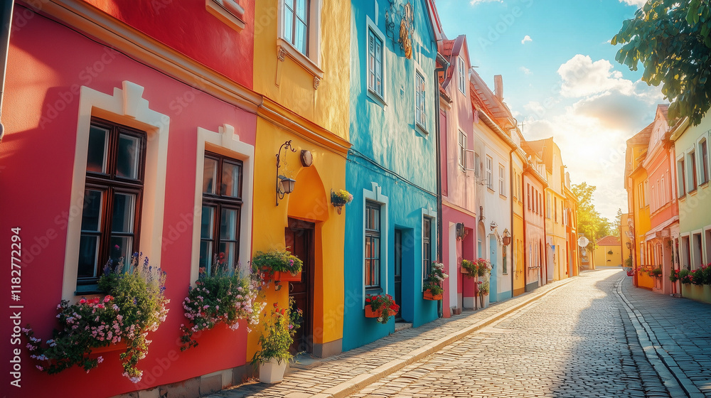 Fototapeta premium A row of colorful historic buildings in a quaint European street, warm sunlight highlighting architectural details, inviting and picturesque atmosphere