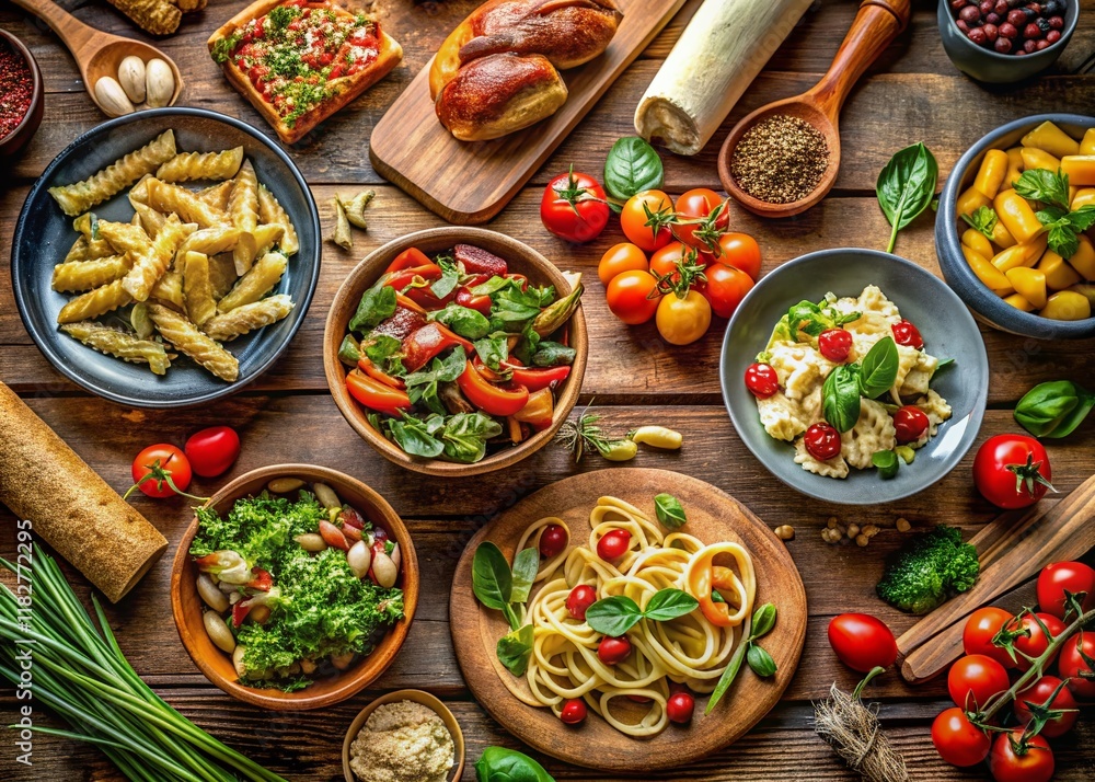 Delicious Food Set: Rustic Wooden Table with Colorful Dishes & Appetizing Meals Delicious Food Set: Rustic Wooden Table with Colorful Dishes & Appetizing Meals
