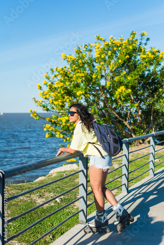 Latina woman peaceful moment by the river