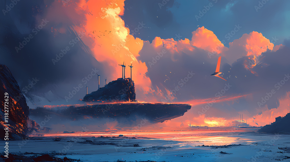 Fototapeta premium A wind farm at dusk turbines spinning in the wind. Windshard. Illustration