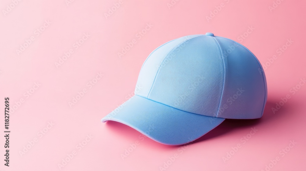 Fototapeta premium A blue cap resting on a soft pastel pink background, with gentle light highlighting its details.
