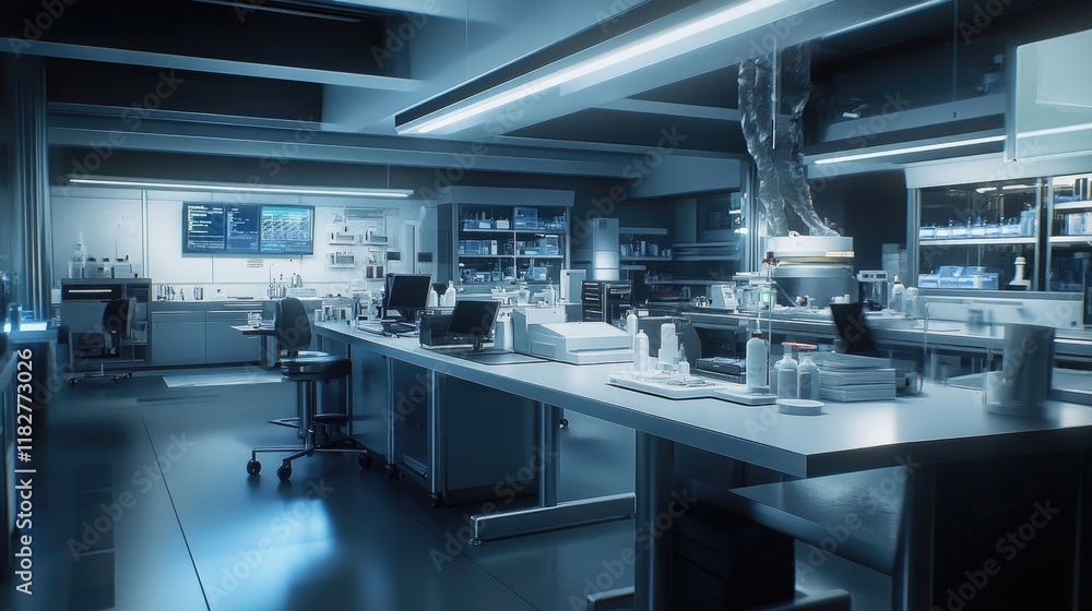 Medical research lab with sleek diagnostic tools and clean lab benches. Medical research lab with sleek diagnostic tools and clean lab benches.