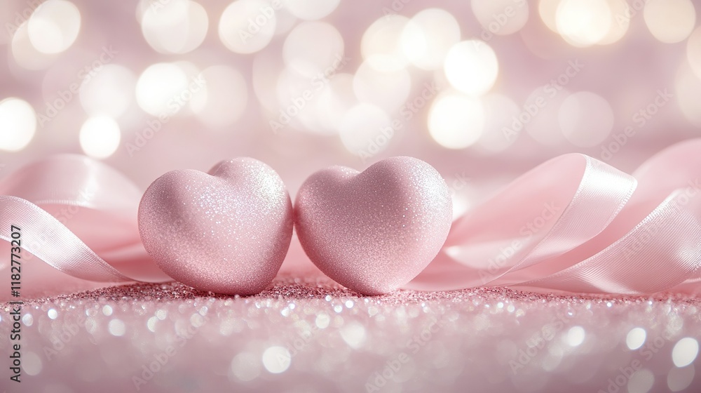 Romantic pink heart ornaments with glitter and ribbons Romantic pink heart ornaments with glitter and ribbons