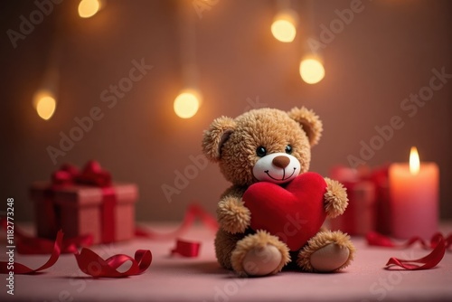 Wallpaper Mural Background Copy-space for text. A teddy bear with a heart in its paws rests on a table, with Valentine's Day gifts and a romantic candlelight setting nearby Torontodigital.ca