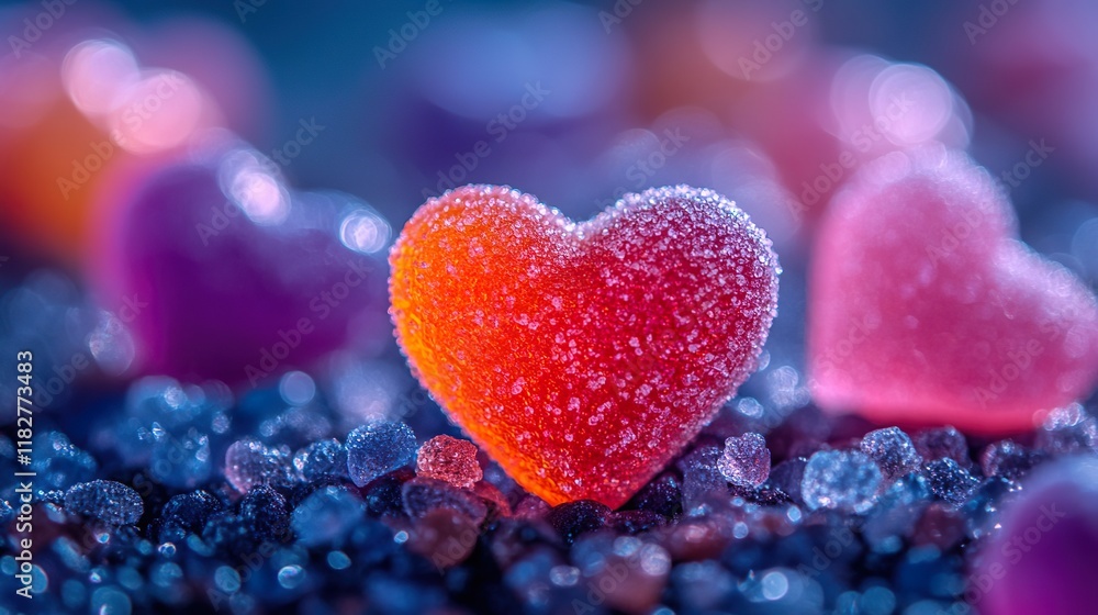Fototapeta premium Macro shot of heart-shaped gummy candies for valentine day event