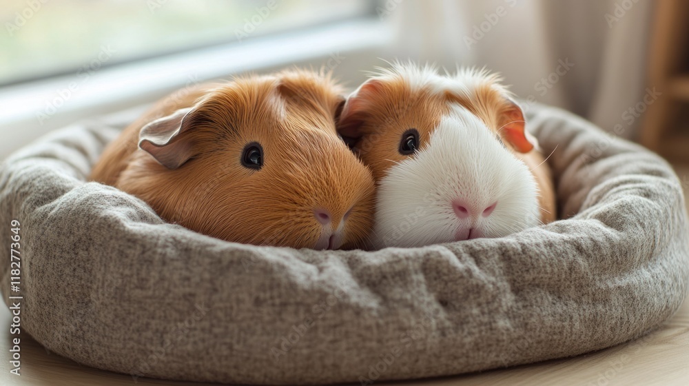 Two adorable guinea pigs snuggling together in a cozy bed by a window during a peaceful afternoon. Generative AI Two adorable guinea pigs snuggling together in a cozy bed by a window during a peaceful afternoon. Generative AI