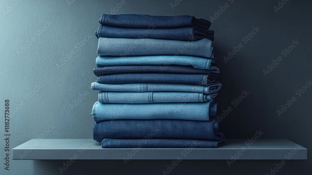 Stacked collection of various denim jeans in shades of blue on a simple gray shelf. Generative AI Stacked collection of various denim jeans in shades of blue on a simple gray shelf. Generative AI