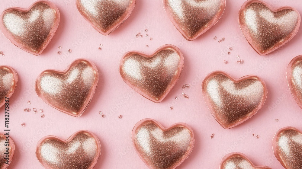 Obraz premium A chic Valentine's theme with minimalist heart shapes in rose gold on a pale pink backdrop, accented with subtle sparkles