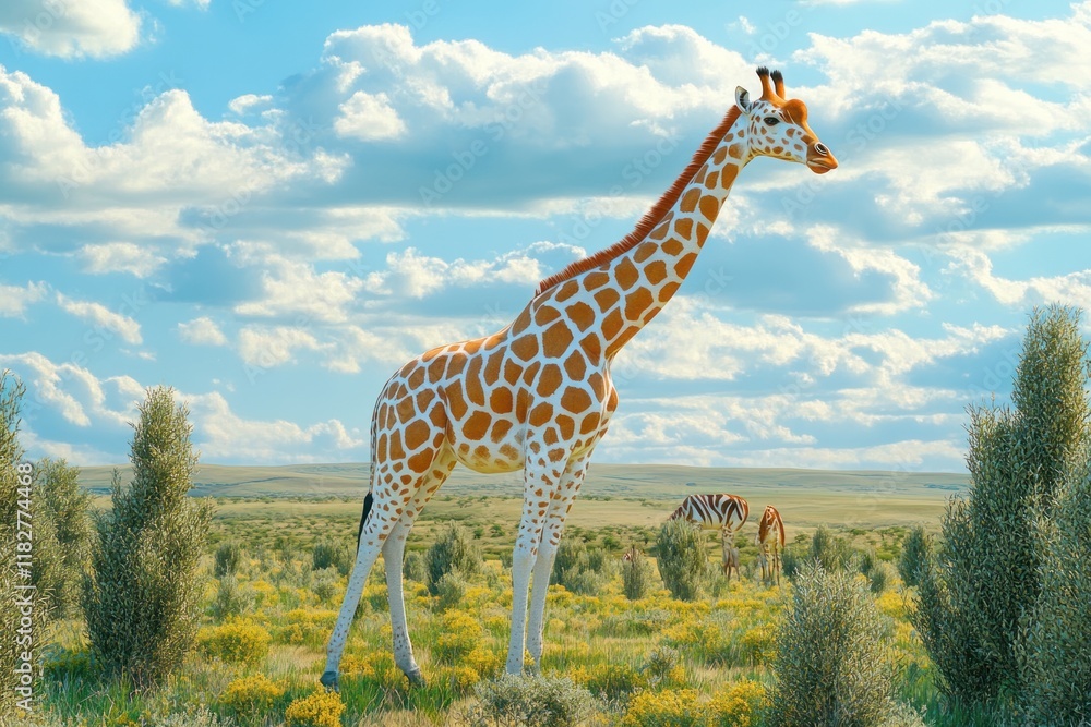 Fototapeta premium Giraffe stands gracefully in a vibrant green savannah under a bright blue sky with fluffy clouds. Generative AI