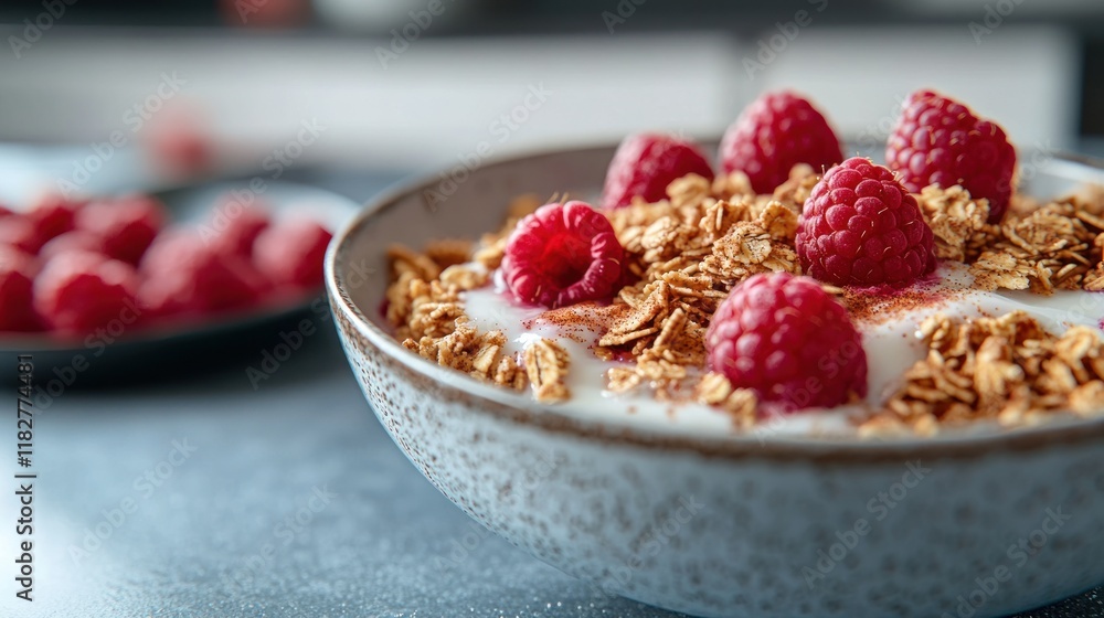 Fresh raspberries and granola in a bowl of yogurt for a healthy breakfast at home. Generative AI Fresh raspberries and granola in a bowl of yogurt for a healthy breakfast at home. Generative AI