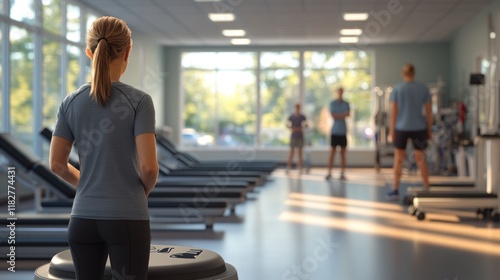Fitness enthusiasts engage in a group workout session in a bright gym during the morning. Generative AI