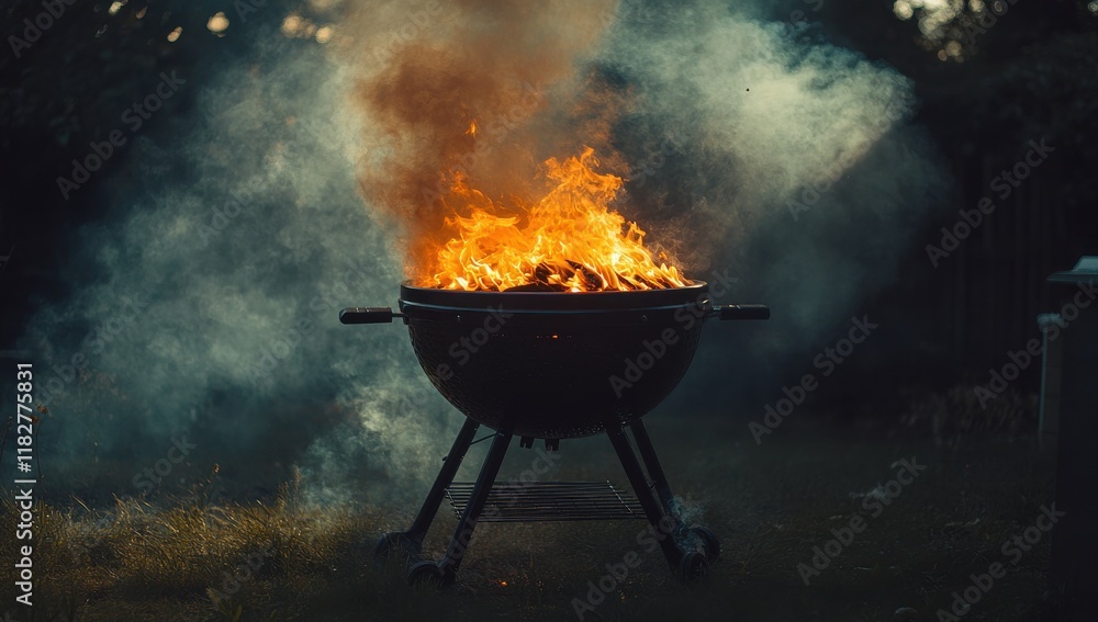 Captivating Flames Erupting from a Charcoal Grill Surrounded by Smoky Atmosphere During an Outdoor Barbecue Experience at Dusk Captivating Flames Erupting from a Charcoal Grill Surrounded by Smoky Atmosphere During an Outdoor Barbecue Experience at Dusk