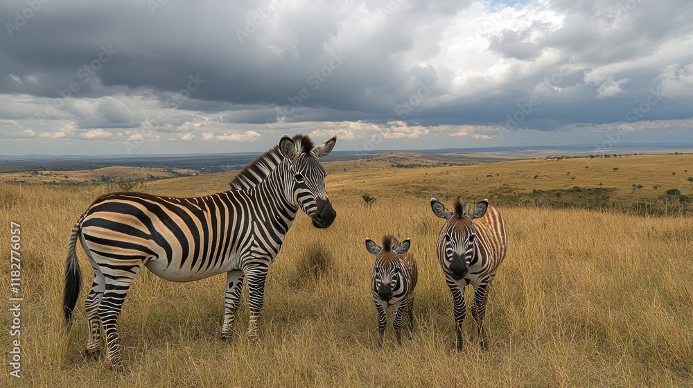 Obraz premium Zebra family, savanna grassland, stormy sky, wildlife photography