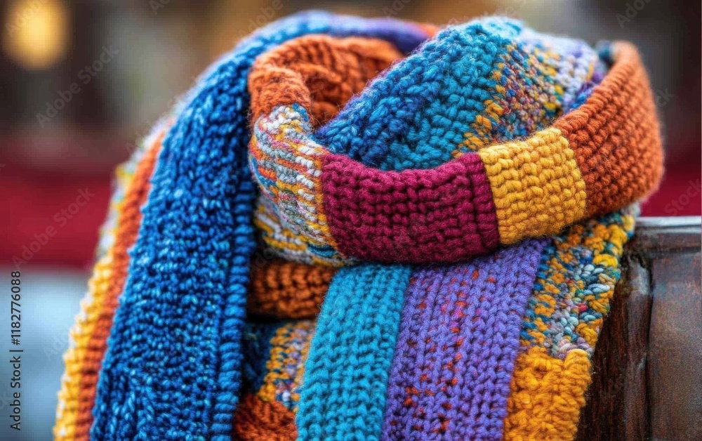 A unique scarf made from upcycled fabrics and vibrant color combinations. A recycled clothing design close-up. A unique scarf made from upcycled fabrics and vibrant color combinations. A recycled clothing design close-up.