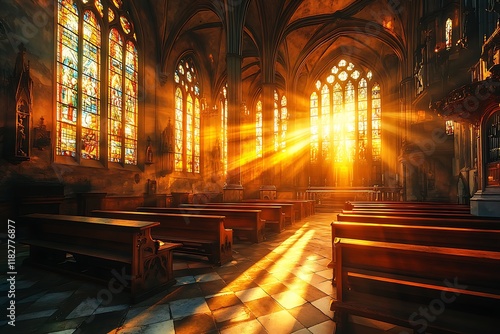 Empty church sanctuary in soft light