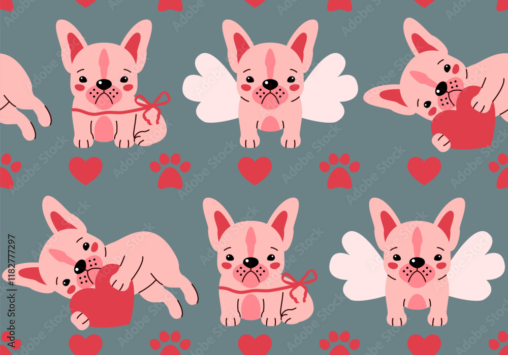 Fototapeta premium Seamless pattern for Valentine's day greeting card with French bulldog puppy. Cute design. Vector illustration. Dog. Funny french bulldog puppy. Cute background texture