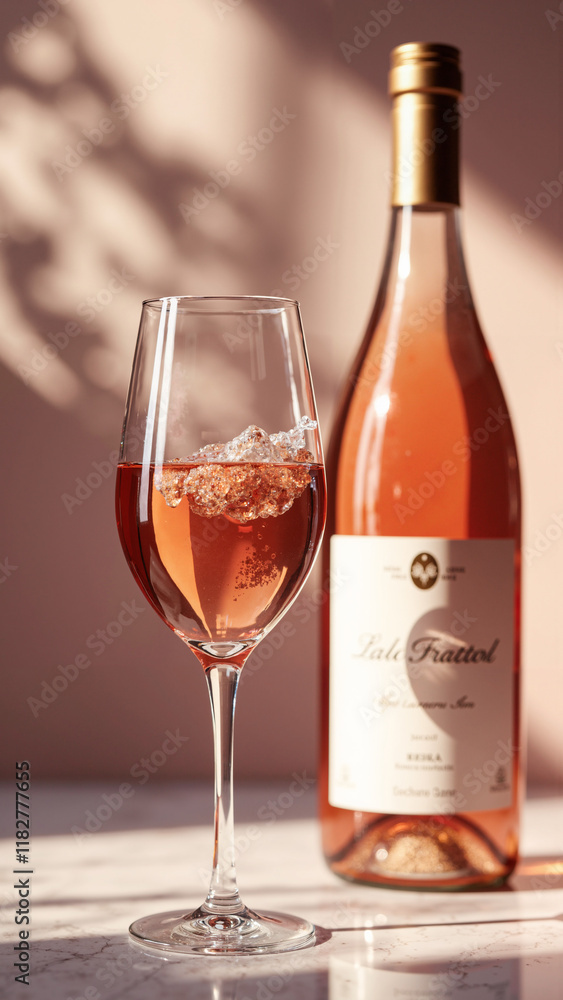 Elegant Rosé Wine Glass and Bottle: Perfect for Luxury Dining Ads, Gourmet Menus, and Upscale Event Promotions Elegant Rosé Wine Glass and Bottle: Perfect for Luxury Dining Ads, Gourmet Menus, and Upscale Event Promotions