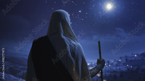 Mysterious Hooded Figure Overlooking Ancient City At Night Spiritual Journey