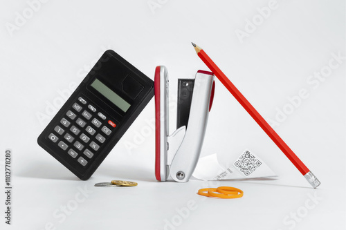 Still life with calculator, stapler, pencil, coin and crumpled receipt photo