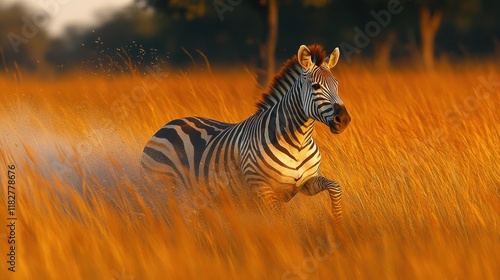 Zebra running savanna sunset grassland Africa wildlife photo