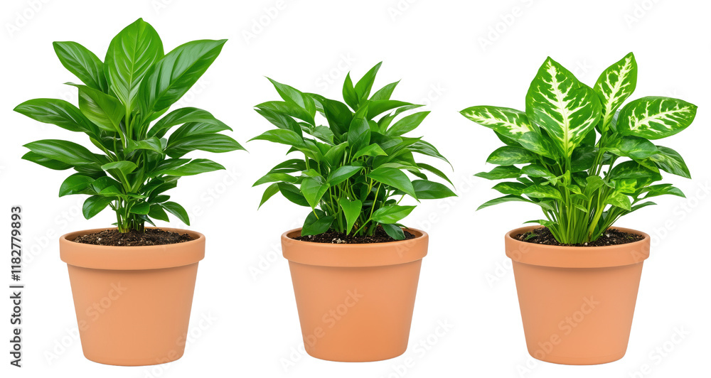 Obraz premium Assorted leafy houseplants in simple clay planters.