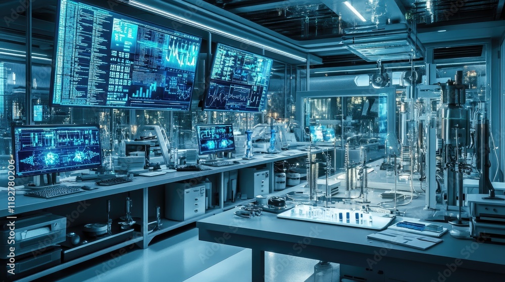 Fototapeta premium An image of a high-tech laboratory with screens displaying data analysis,