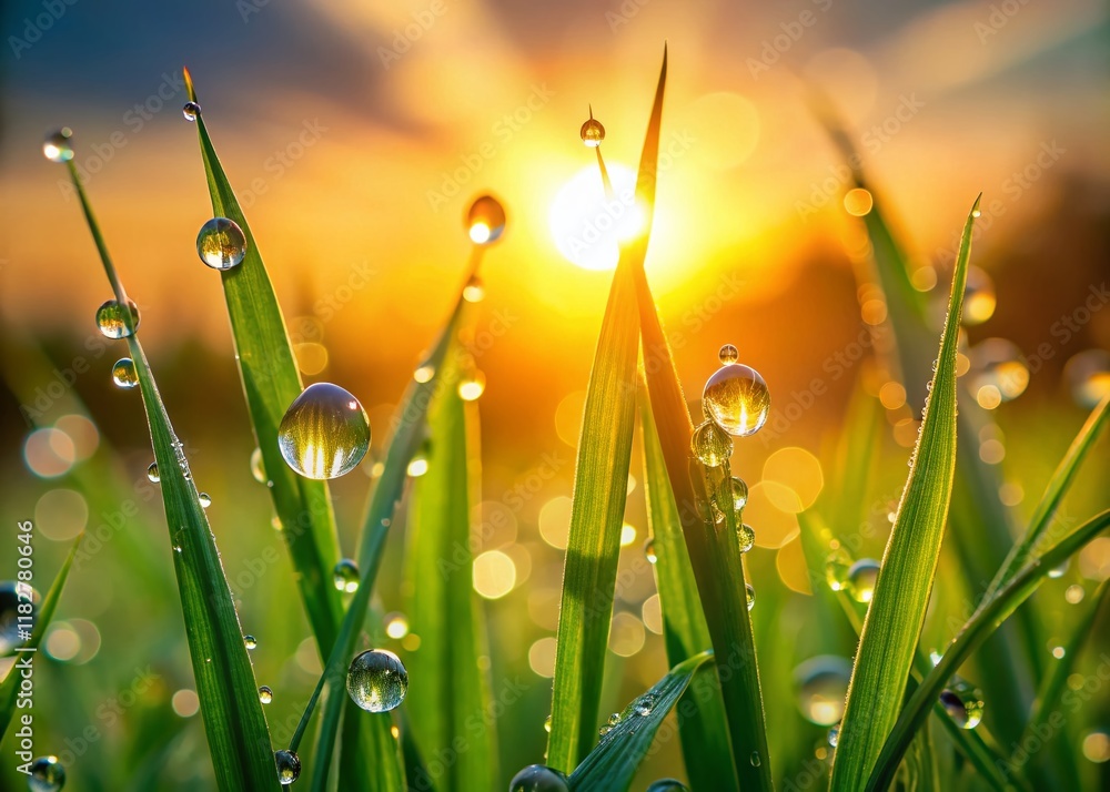 Fototapeta premium Dew Drops on Lush Green Grass - Nature Background Stock Photo