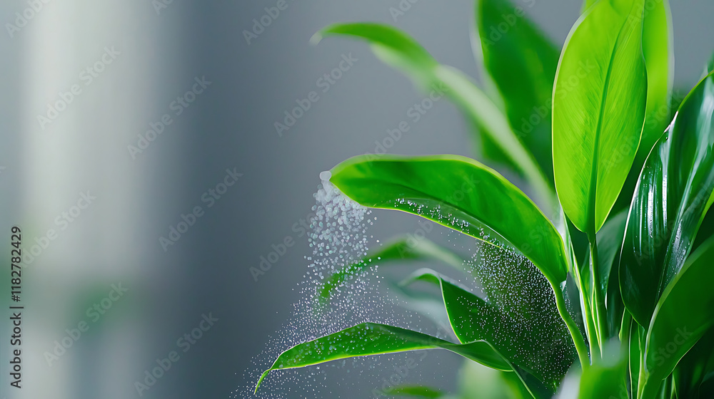 Obraz premium Lush green plant with large leaves releasing moisture in serene setting