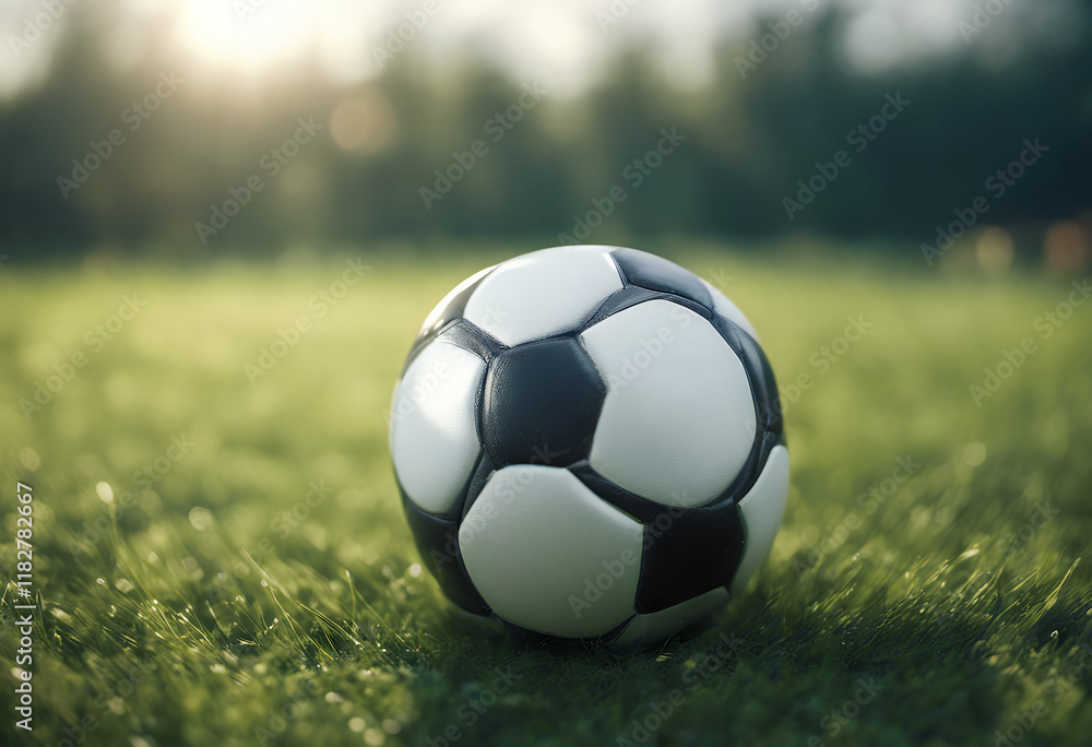 Fototapeta premium soccer ball grass football field entertainment sport goal game play black green background leisure ground competition equipment abstract