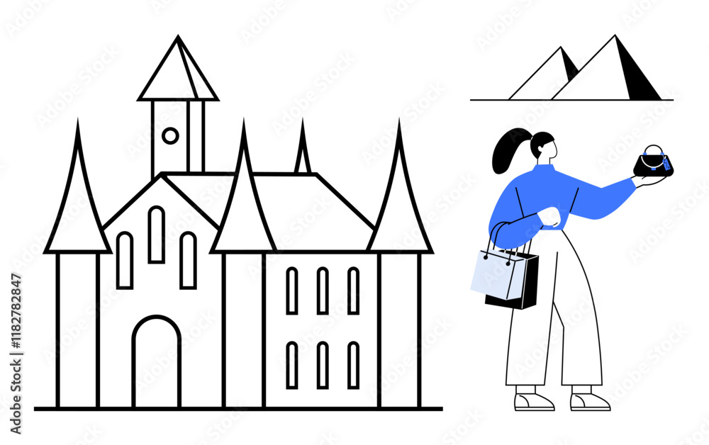 Woman holding a handbag and shopping bags near a castle structure with pyramids in the background. Ideal for travel, tourism, exploration, shopping, cultural discovery, historical sites, vacation Woman holding a handbag and shopping bags near a castle structure with pyramids in the background. Ideal for travel, tourism, exploration, shopping, cultural discovery, historical sites, vacation