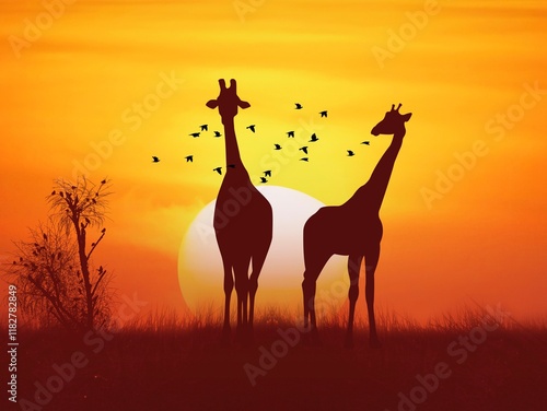 giraffe silhouette in sunset photo