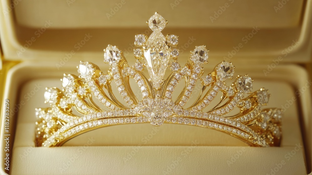 Obraz premium A royal diamond crown inside a custom-designed box on a pale yellow background with soft lighting.