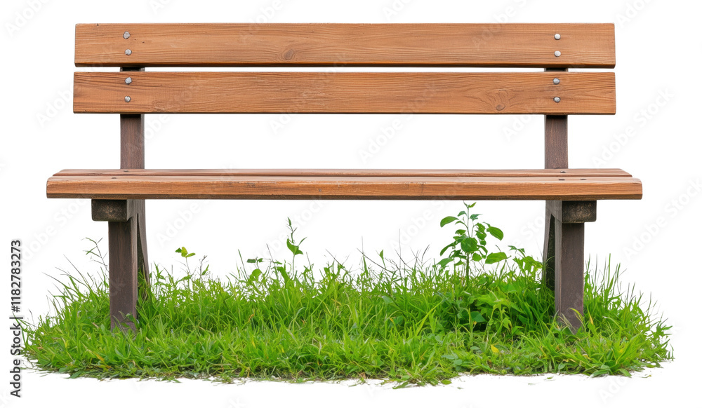 Simple wooden park bench surrounded by lush green grass. Simple wooden park bench surrounded by lush green grass.