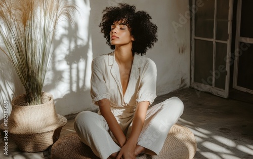 A model wearing sustainable fashion clothing during an eco-conscious photoshoot, with natural fabrics and simple styles. 