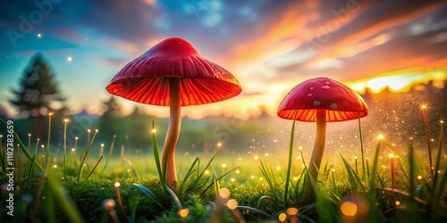 Wallpaper Mural Double Exposure: Crimson Waxcap Mushrooms in Meadow Grass - Fantasy Nature Photography Torontodigital.ca