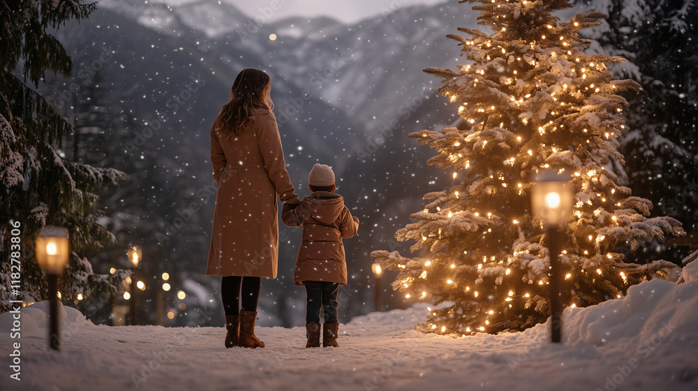 Professional Family Portrait in Snowy Mountains at Sunset, Winter Holiday Professional Family Portrait in Snowy Mountains at Sunset, Winter Holiday