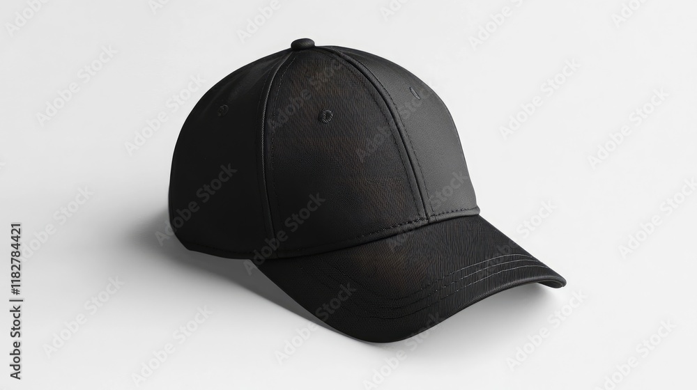 A sleek all-black cap with a metallic emblem, placed on a white background. A sleek all-black cap with a metallic emblem, placed on a white background.