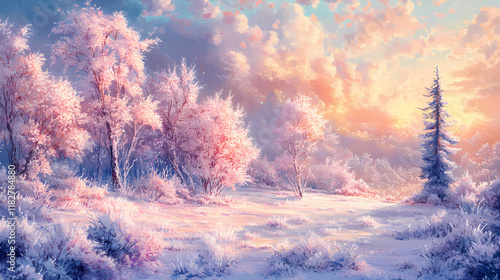 Stunning fantasy landscape with pink trees and vibrant sky. Frostglint. Illustration photo