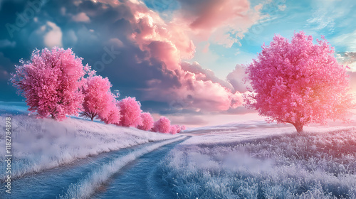 Stunning fantasy landscape with pink trees and vibrant sky. Frostglint. Illustration photo