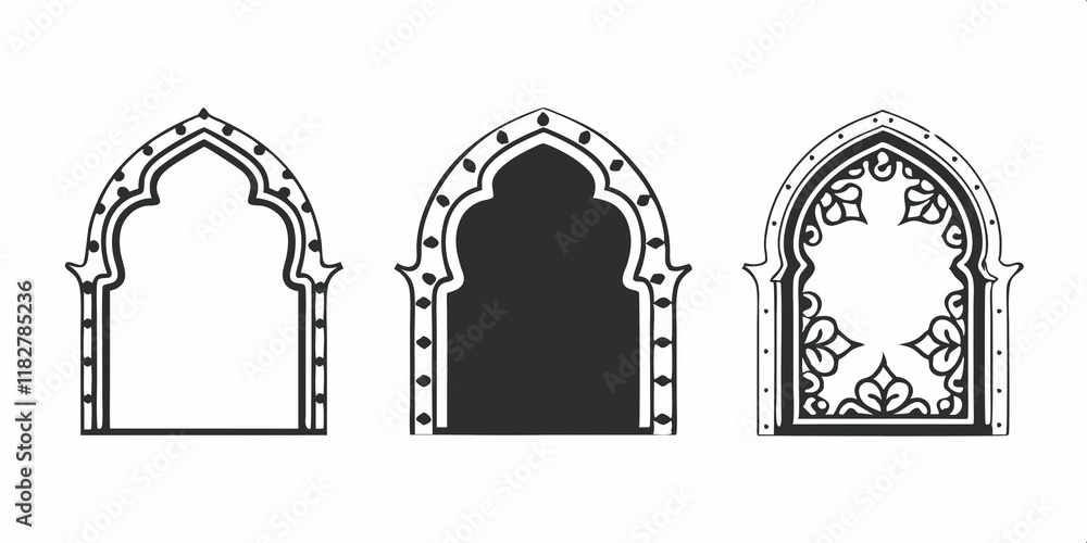 Set of ornate arch frames with intricate patterns on white background Set of ornate arch frames with intricate patterns on white background