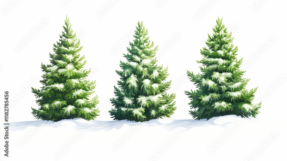 Obraz premium Three lush green trees on a white background. Frostglint. Illustration