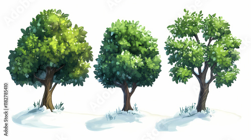 Three lush green trees on a white background. Frostglint. Illustration photo