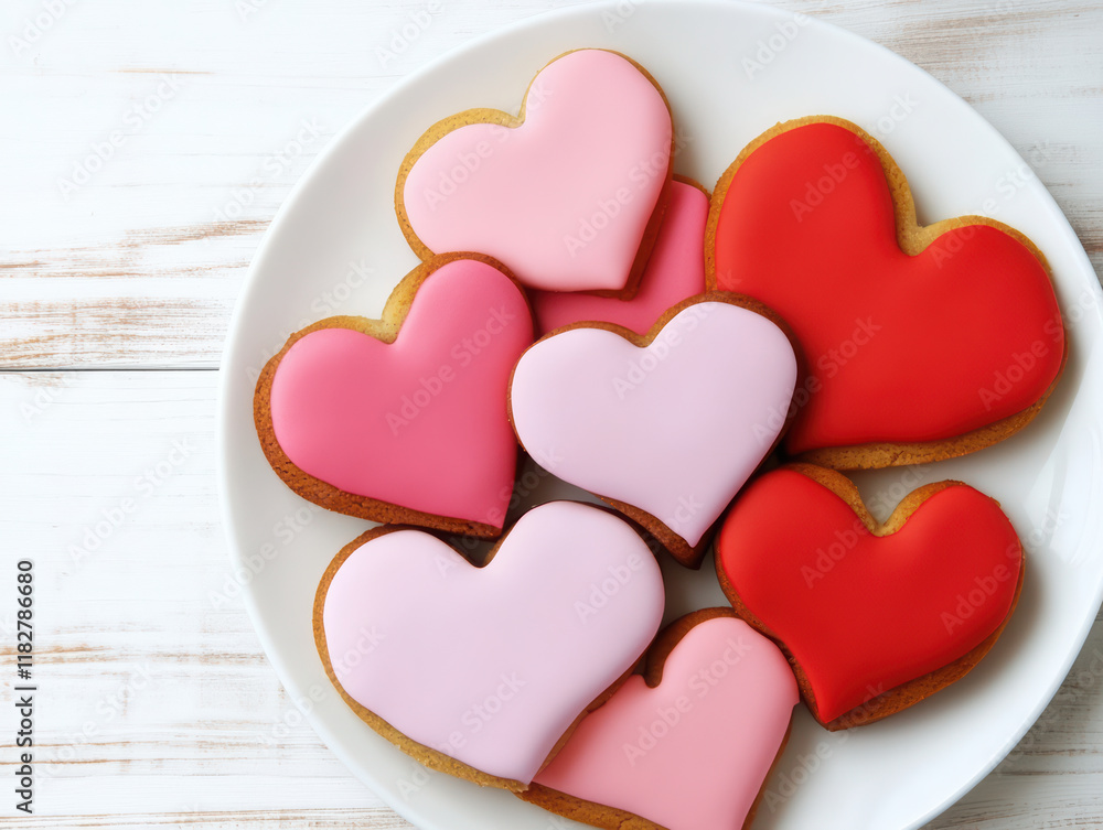 Fototapeta premium Heart-shaped sugar cookies with colorful icing on a white plate for valentine's day celebration