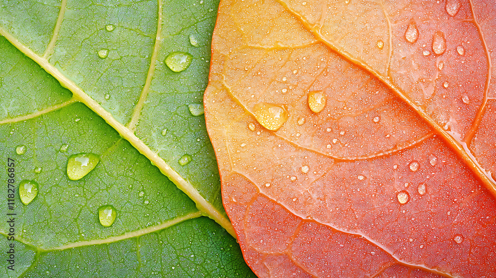 Fototapeta premium Vibrant close up of green and orange leaves with water droplets, showcasing nature beauty and detail